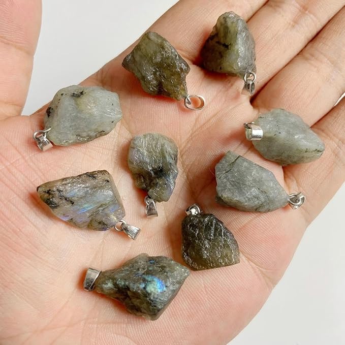 10pcs Irregular Raw Natural Labradorite Rock Stone Pendant Healing Crystal Chakra Gemstone Charm for Jewelry Making DIY Necklace Earrings Accessories Reiki