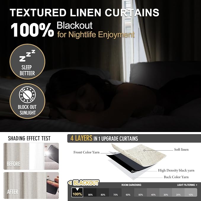 IVAPUPU Natural Pinch Pleated Full Blackout Curtains Linen Blend Room Darkening Window Curtains 1 Panel for Living Room Bedroom Thermal Insulated Curtain Drapes with 12 Pcs Hooks 60''Wx108''L