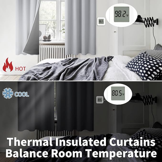 BGment Thermal Insulated 100% Blackout Curtains for Bedroom with Black Liner, Double Layer Full Room Darkening Noise Reducing Grommet Curtain (60 x 63 Inch, Light Grey, 2 Panels)