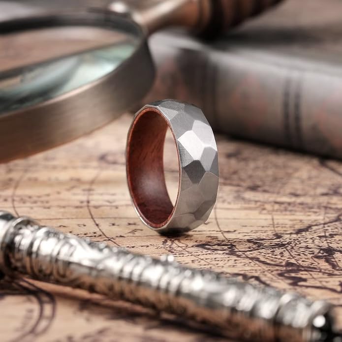 King Will 6/8mm Wedding Band for Men, Silver/Black Hammered Titanium Wedding Ring Inlaid Wood Inner Hole, Wedding Band for Men Matte Brushed Comfort Fit 7-14