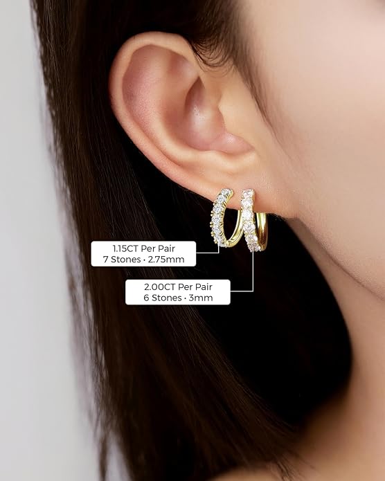 TutuTiara Moissanite Hoop Earrings for Women, 1.15-2CT D Color VVS1 Round Cut Huggie Hoops, 14K Gold Plated 925 Sterling Silver Earrings, Hypoallergenic Dainty Jewelry Gift