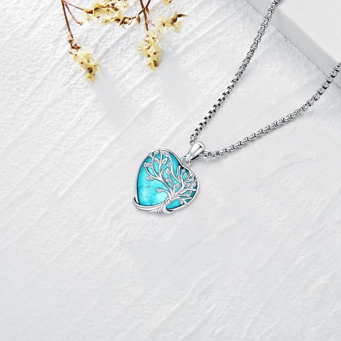 Tree of Life Necklace for Women Sterling Silver Celtic Moon Tree Moonstone Turquoise Pendant Heart Family Tree Necklace for Mother Daughter Sister Gifts