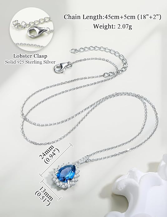 925 Sterling Silver Teardrop Necklace for Women Huge Created Gemstone Solitaire Halo Pendant Pear Cut Birthstone Necklace