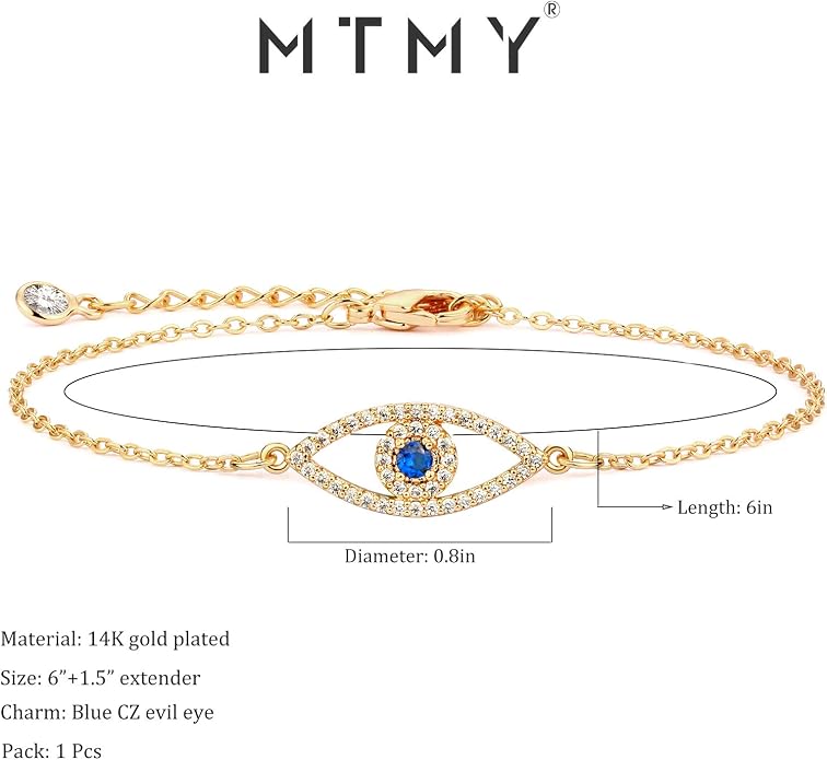 MTMY Evil Eye Bracelet for Women 14K Gold Plated Dainty Bracelets with Crystcal Adjustable Chain Cute Eye Bracelet Gold Jewelry for Her