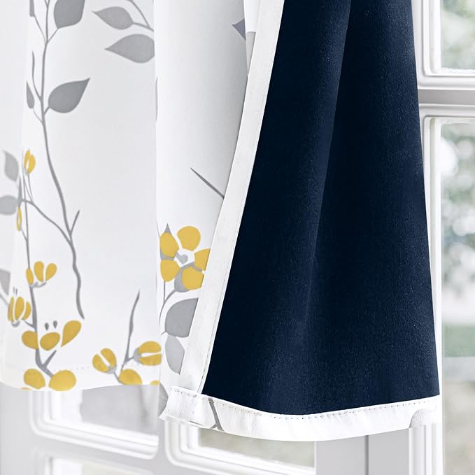 Beauoop Floral Valance Curtains for Kitchen Yellow Grey 52X18 Inch 1 Panel | Flower Patterned Yellow White Blackout Short Curtains for Living Room Bedroom Cafe Thermal Small Window Curtains Rod Pocket