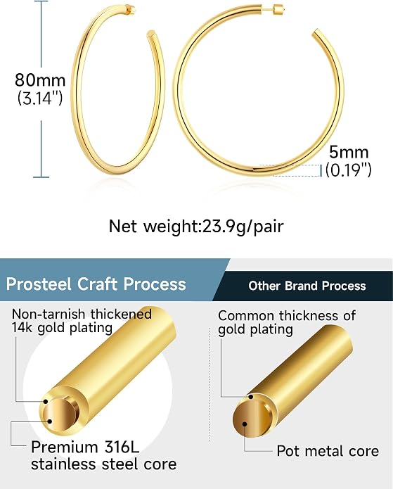 Stainless Steel Chunky Hoop Earrings For Women, Minimalist and Chic, Black/Gold Plated, Round Hoops Earrings Hypoallergenic, Size: 30mm/40mm/60mm/80mm, Come with Box