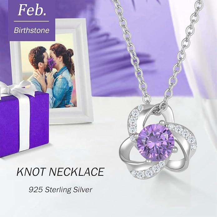 18K Gold Plated Love Knot Necklace for Women, 925 Sterling Silver Round cut Birthstone Pendant Necklace With Chain Lucky Flower Jewelry Gift