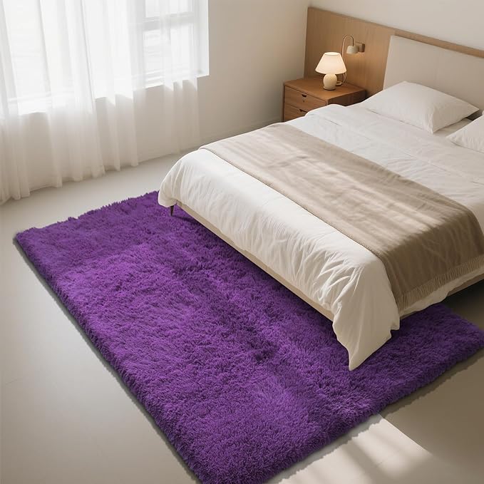 Purple Fluffy Rug Shag Area Rug, 4x6 Area Rugs for Girls Bedroom, Soft Play Mat, Indoor Floor Carpet for Teen, Preppy Dorm, Plush Aesthetic Bedside Rug