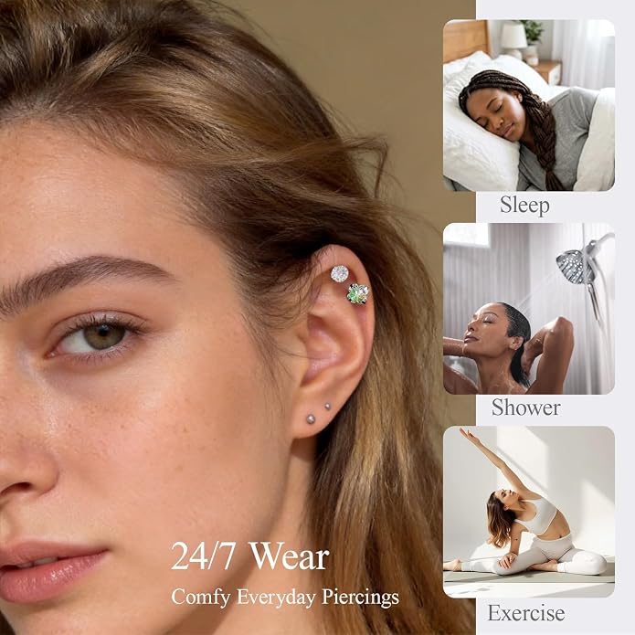 Flat Back Titanium Stud Earrings, Hypoallergenic G23 Titanium Cubic Zirconia Piercing, Versatile Eyebrow Lip Labret Cartilage Helix Sleeper 18G Jewelry for Women Men
