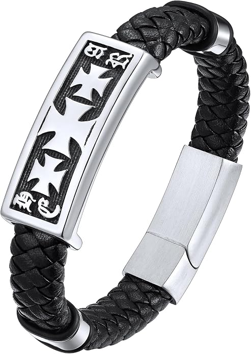 ChainsHouse Mens Wrap Braided Leather Black Bead Bracelets Bangles, Vintage Star of David/Wing Skull/Templar Cross Genuine Leather Bracelet, Customize Available, Size 7.5/8.3/9.0 Inch, Send Gift Box