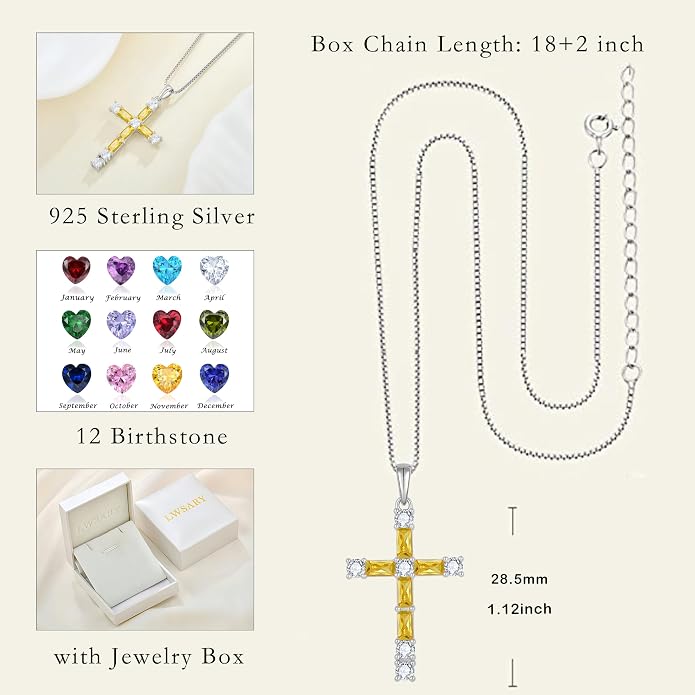 Birthstone Cross Necklace for Women 925 Sterling Silver Christian Religious Crucifix Pendant Rectangular Cut Birthstone Jewelry Gifts for Her