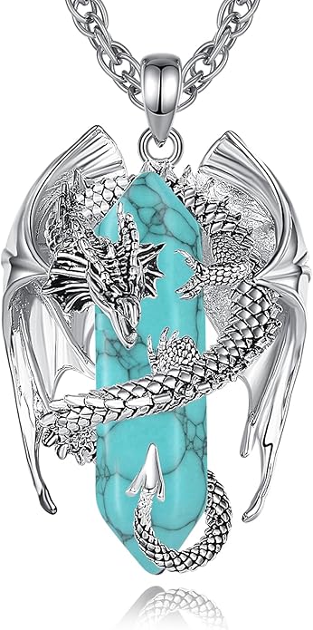 INFUSEU Unique Dragon Necklaces with Healing Crystal Stone for Men Women, Personalized Spiritual Gifts, 24 Inch Chain