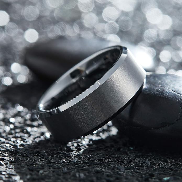 King Will Tungsten Men's Wedding Ring - Available in 6mm to 10mm, Black/Silver, Matte Finish, Beveled Polished Edge, Comfort Fit