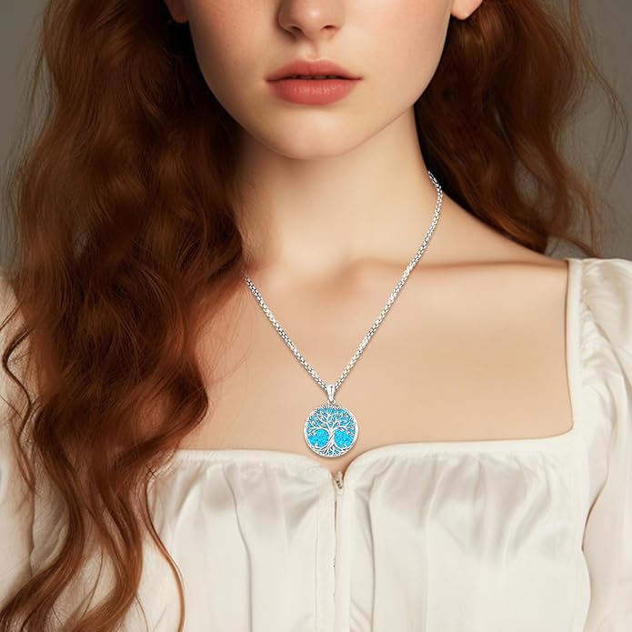 Tree of Life Necklace for Women Sterling Silver Celtic Moon Tree Moonstone Turquoise Pendant Heart Family Tree Necklace for Mother Daughter Sister Gifts
