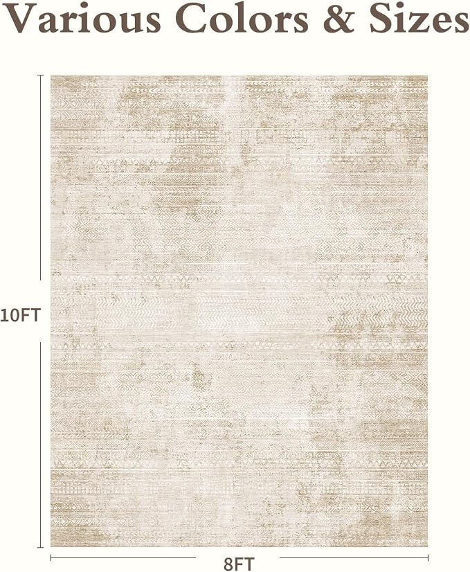 8x10 Area Rugs for Living Room Non Slip Machine Washable Rug Distressed Abstract Soft Indoor Carpet Neutral Boho Rug for Bedroom Dining Room Playroom Office, Beige