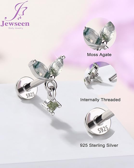 Jewseen Celtic knot&Butterfly Moss Agate Stud Earrings Dangle Internal Threaded Flat Back 16g 8mm Hypoallergenic 925 Sterling Silver Piercing Jewelry for Cartilage Lip Conch Tragus Helix