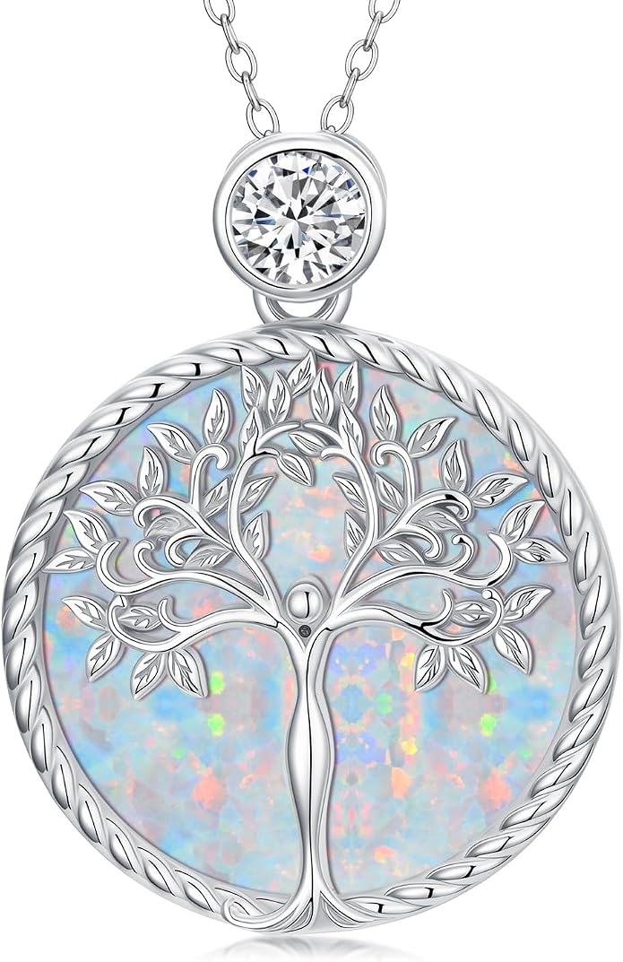 Tree of Life Moissanite Necklace, 925 Sterling Silver 0.5 Carat Moissanite Abalone Shell/Opal/Black Onyx/Turquoise/Malachite/Tiger Eye Stone Tree of Life Pendant Necklaces Jewelry Gift for Women Mom
