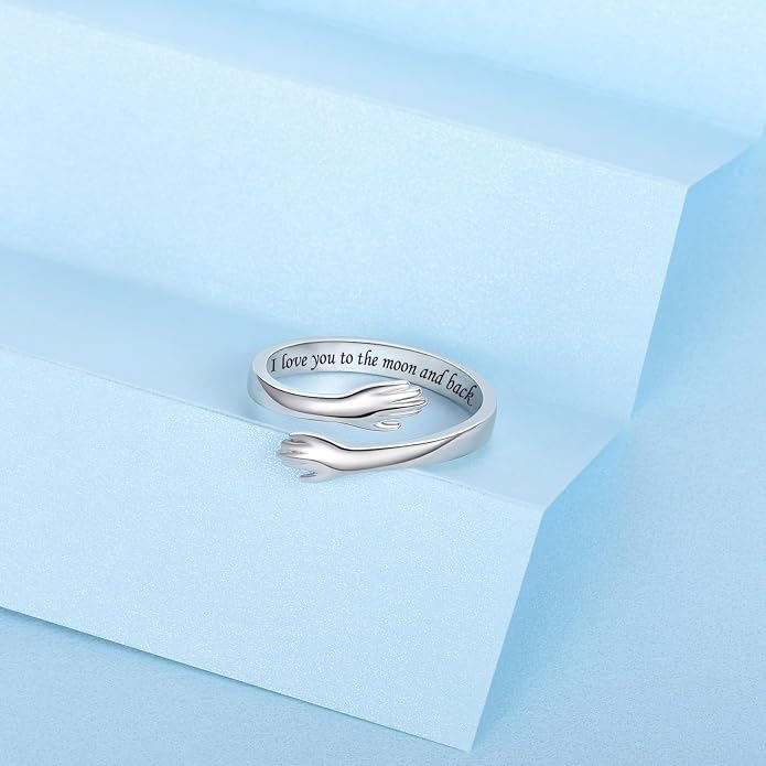 S925 Sterling Silver Hug Rings for Women Teen Girls Adjustable Ring for Granddaughter Daughter Hope Promise Friendship Hand Ring Jewelry for Birthday Graduation Christmas Mothers Day Valentines Gifts