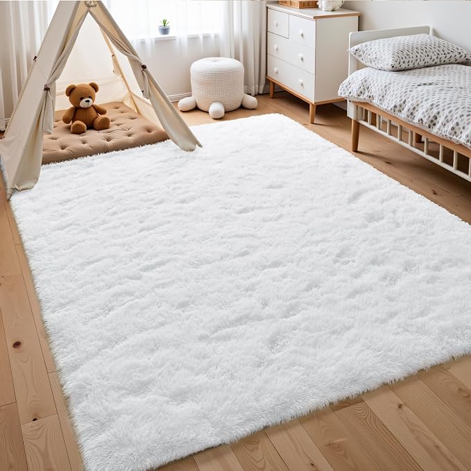 Macgace Fluffy Area Rugs for Bedroom Decor Aesthetic, 5x7 White Shag Rug with Non-Slip Dots for Living Room, Fuzzy Plush Carpet Washable Rug Modern Home Decor for Kids Nursery Girls Room Office