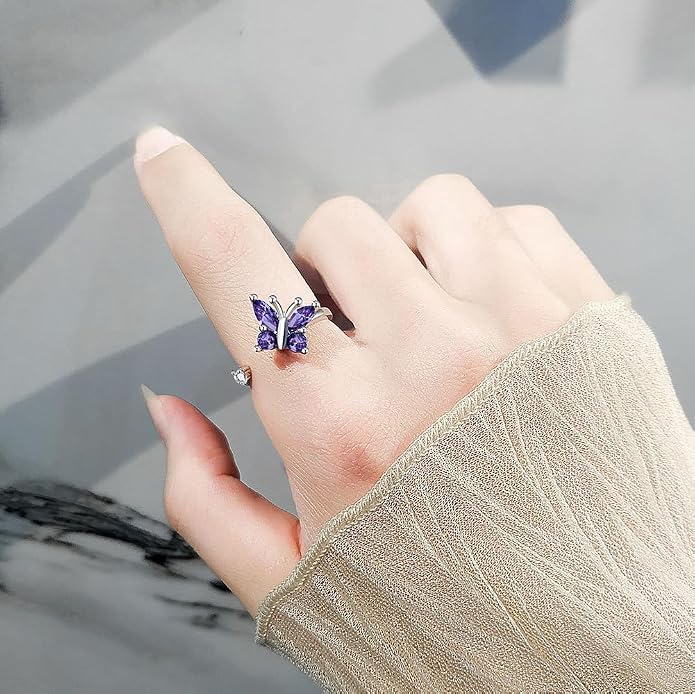 Butterfly Spinner Fidget Ring for Anxiety Relief Purple Rotating Jewelry, Adjustable Stress Ring for Women & Teens Gift for Her.