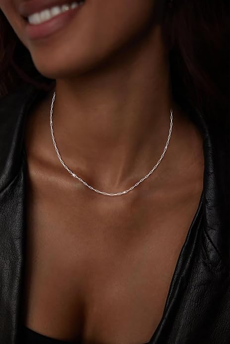 Moodear 925 Sterling Silver Paperclip Necklace for Women, 1.6mm Slender Link Chain, 14K Gold Plated Dainty Choker, Waterproof Trendy Jewelry Gifts for Girlfriend or Wife