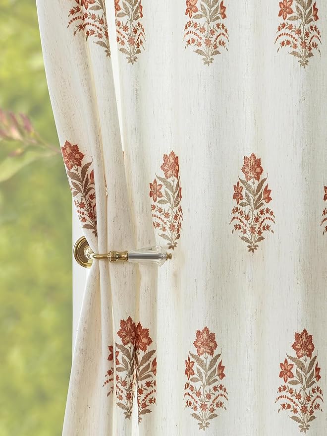 Pinch Pleated Curtains Light Filtering Red Floral Curtains for Living Room Bedroom Dining Room 120 Inches Luxury Linen Drapes Farmhouse Window Curtains with Hooks - 2 Panels Set, 40" x 120"