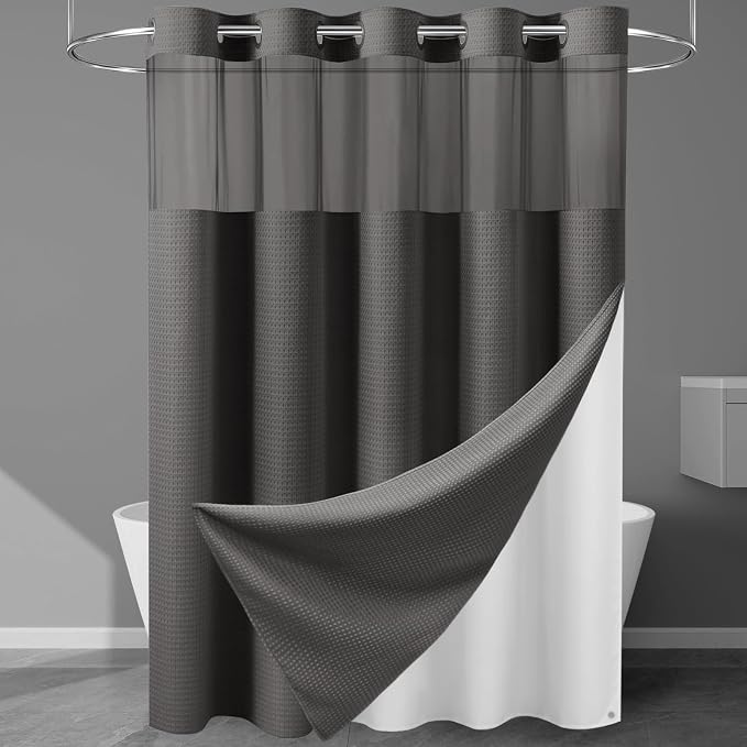 EUTXL Heavyweight Charcoal Grey Long No Hook Shower Curtain with Snap in Liner,256GSM Waffle Weave Shower Curtains for Bathroom,71W x 86H