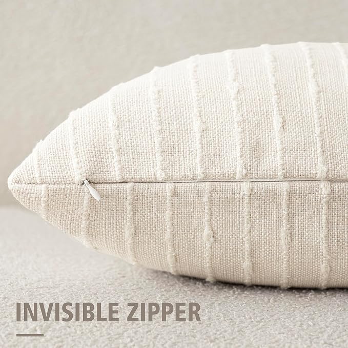 Foindtower Pack of 2 Decorative Jacquard Boucle Lumbar Throw Pillow Covers Accent Textured Striped Pillowcases Cozy Boho Cushion for Couch Sofa Bedroom Living Room Home Decor 12x20 Inch Cream White