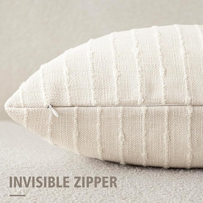 Foindtower Pack of 2 Decorative Jacquard Boucle Throw Pillow Covers Accent Textured Striped Pillowcases Soft Boho Modern Cushion for Couch Sofa Bedroom Living Room Home Decor 20x20 Inch Cream White