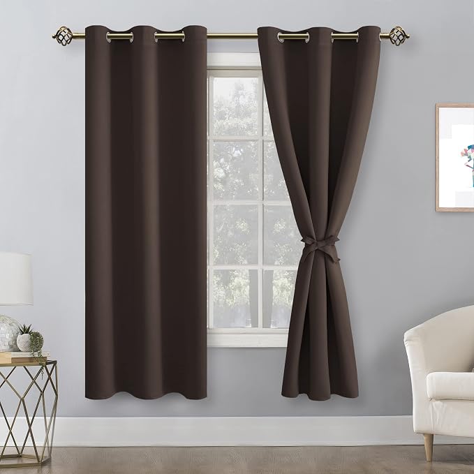 Hiasan Blackout Curtains for Bedroom, 38 x 63 Inches Length - Thermal Insulated & Light Blocking Window Curtains for Living Room, 2 Drape Panels Sewn with Tiebacks, Brown