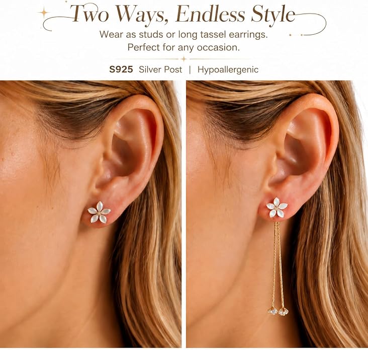14K Gold Plated Flower Dangle Earrings for Women, Hypoallergenic Cubic Zirconia Long Threader Chandelier Earrings, Elegant Crystal Jewelry for Wedding Bridal Prom Party Gifts