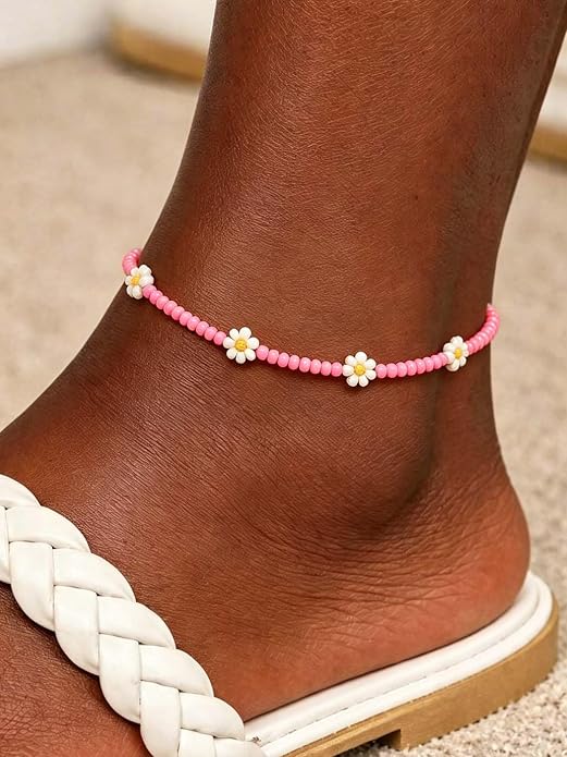 Beaded Chain Ankle Bracelets for Women Waterproof Sunflower Anklets Beachy Vacation Foot Jewelry Gifts