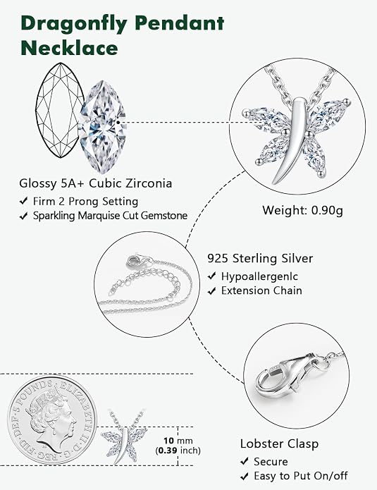 925 Sterling Silver Birthstone Necklaces for Women, Dainty Cute Dragonfly/Butterfly Pendant Necklace, Great Christmas/Anniversary Jewelry for Mother