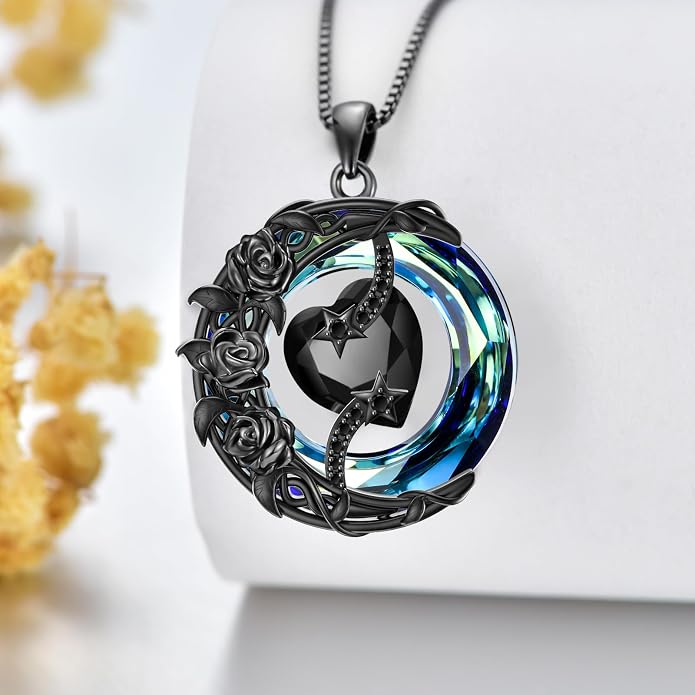 TOUPOP Birthstone Necklace 925 Sterling Silver Moon and Star Pendant Celtic Moon Jewelry with Blue Crystal Anniversary Birthday Gifts for Women Mom Wife Her