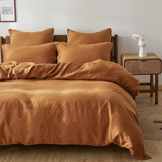 Simple&Opulence 100% Linen Duvet Cover Set, 3 PCS Natural French Flax Rust Duvet Cover California King Size, Breathable Soft Comfy Linen Bedding Comforter Cover with 2 Pillowcases(Rust, 104"x98")