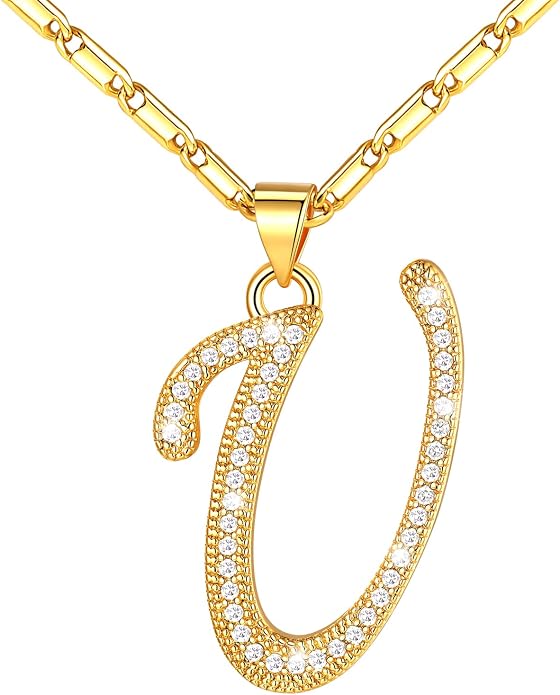 U7 Initial Necklace for Women, Gold/Platinum Plated CZ Crystal Letter A-Z Pendant Necklace, Shiny 20 Inch Name Chain Dainty Personalized Jewelry for Men Mom Wife Friend