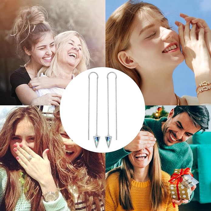 Threader Earrings Triangle Earrings Sterling Silver Created Opal Dangle Drop Long Chain Earring for Women Thread Earrings