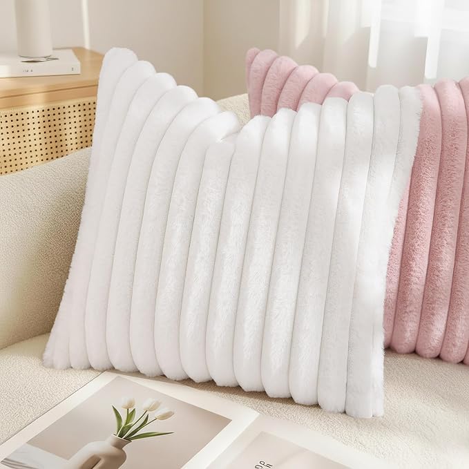 decorUhome Fall Faux Fur Throw Pillow Covers 18x18 Set of 2 White | Decorative Soft Cozy Striped Plush Modern Farmhouse Boho Couch Pillow Cases Velvet Back for Sofa Bed Living Room Home Decor