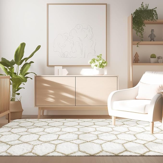 Fluffy Rug for Bedroom, Soft 6x9 White Shag Plush Geometric Area Rugs | Modern White and Beige Rug, Non Slip Carpet for Living Room, Aesthetic Home Decor, Fuzzy Floor Mat for Nursery Teen Dorm