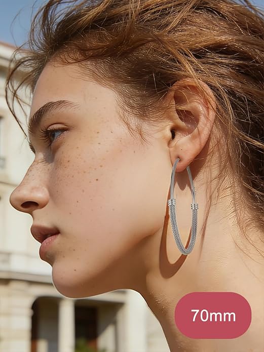 FOCALOOK 14K Gold Plated Hoop Earrings, Lightweight Hypoallergenic Large Stainless Steel Black Hoops Earrings for Women 20/30/40/50/60/70/80mm