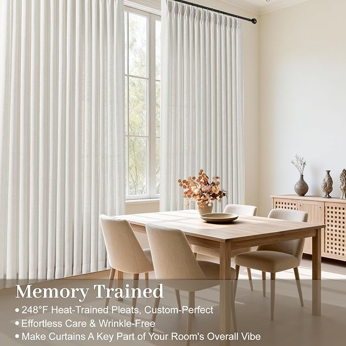 IVAPUPU 108 Inch Linen Blend Curtains for Living Room, Pinch Pleated Curtain Light Filtering Memory Trained Floor to Ceiling Semi Sheer Drapes with Hooks Rings for Bedroom, 40W, Beige White, 2 Panels