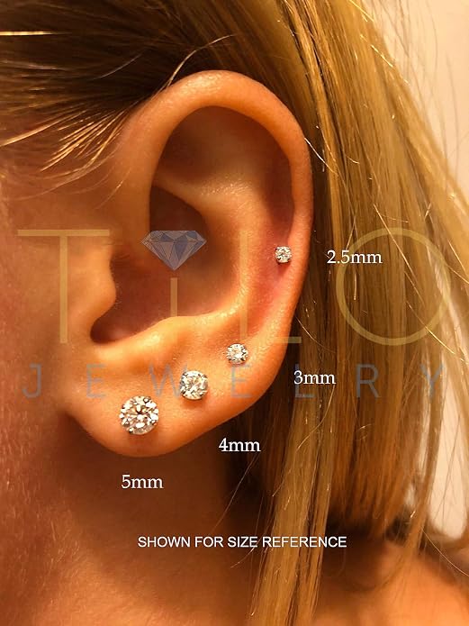 14k White Gold Solitaire Round Cubic Zirconia CZ Stud Earrings in Secure Screw-backs
