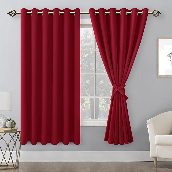 Hiasan Grommet Blackout Curtains for Bedroom, 70 x 63 Inches - Thermal Insulated & Light Blocking Window Drapes for Living Room/Dorm Room, Set of 2 Panels Sewn with Tiebacks, Christmas Red
