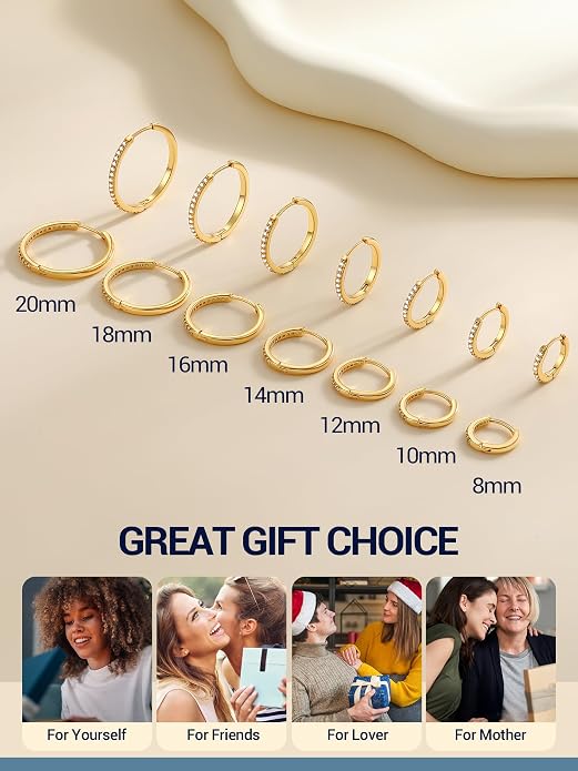 PROSTEEL Hoop Earrings for Women, Huggie Hoop with 925 Sterling Silver Post, 8/10/12/14/16/18/20mm Small Huggie Hoops, 14K Gold Plated/Silver/Black/Rose Gold Hypoallergenic Earrings Jewelry