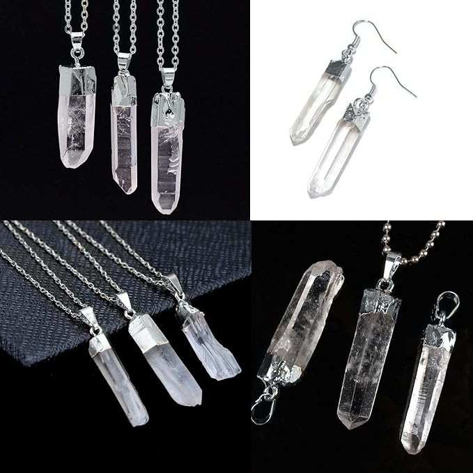 Wholesale 4 PCS Raw Clear Quartz Crystal Charm Natural Stone Pendant Chakra Healing Point Reiki Charm Bulk for Jewelry Making (Silver)