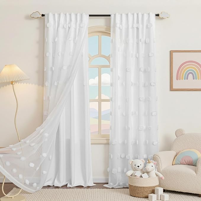 MYSKY HOME White Curtains for Living Room 90 Inches Long Nursery Curtain for Bedroom Double Layer Drapes with White Pom Pom Sheer Back Tab Room Darkening Window Panels W52 X L90, 2 Pieces