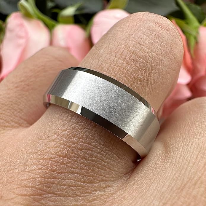 TUTISS 6mm 8mm White Tungsten Rings for Men Women Couple Fashion Jewelry Engagement Wedding Bands Matte Finish Beveled Edges Comfort Fit