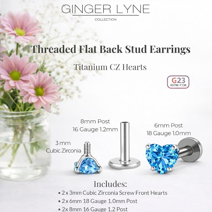 Titanium Heart CZ Labret Stud Earrings for Piercings by Ginger Lyne 6Pc Set G23 Screw Front Flat Back Body Jewelry 2 pair post 6mm, 8mm Cartilage, Helix, Tragus, Lip, Conch, Lobe