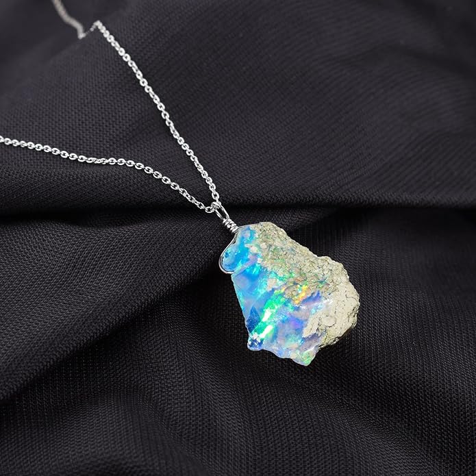 Raw Ethiopian Fir Opal Pendant Necklace for Women, Dainty Pendant, Handmade October Birthstone, Hypoallergenic Spiritual Healing Stone 925 Sterling Silver Chain 20" Birthday Gifts