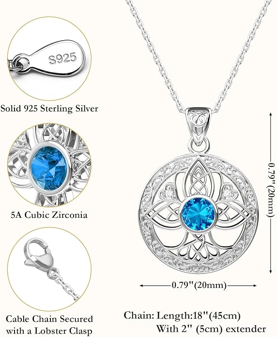 Birthstone Tree of Life Necklace for Women: 925 Sterling Silver Celtic Knot Pendant, Family Jewelry Gift for Mom Daughter Birthday Mother’s Day